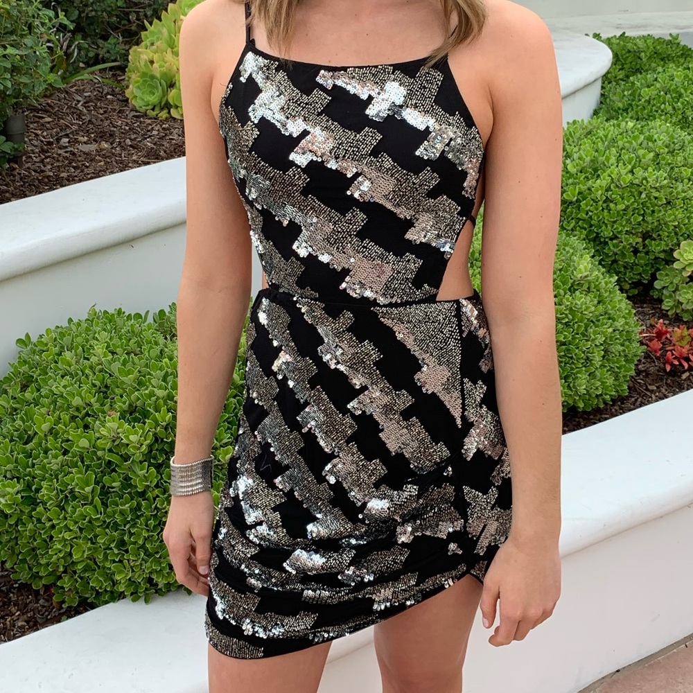 H:ours Small Black, Sequined, open-back Minidress. Perfect condition!